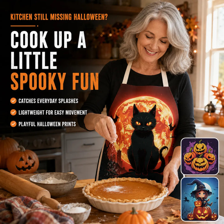 Halloween Kitchen Apron – Cats, Pumpkins &amp; Witches