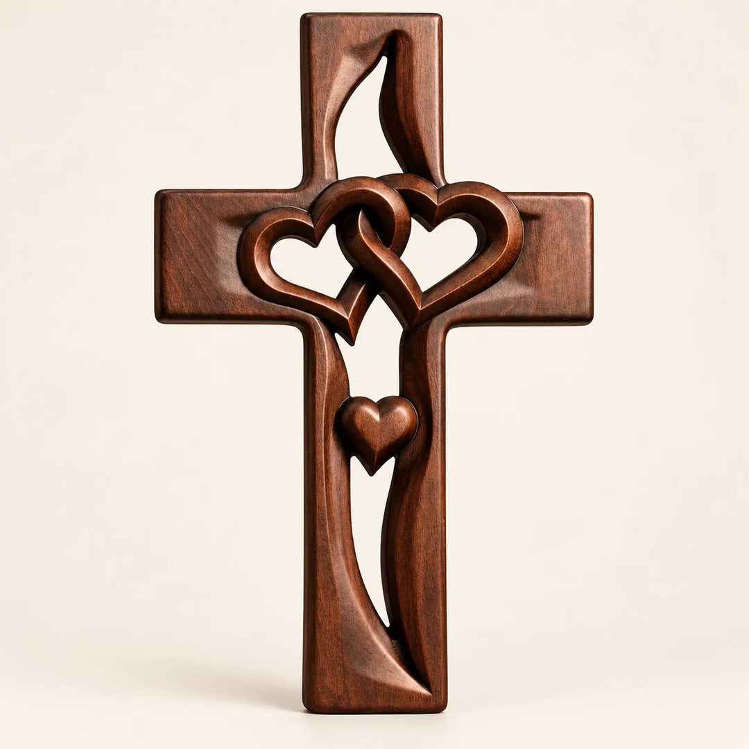 Hand-Carved Wooden Cross with Intertwined Hearts, Solid Wood Wall Decor
