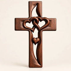 Hand-Carved Wooden Cross with Intertwined Hearts, Solid Wood Wall Decor