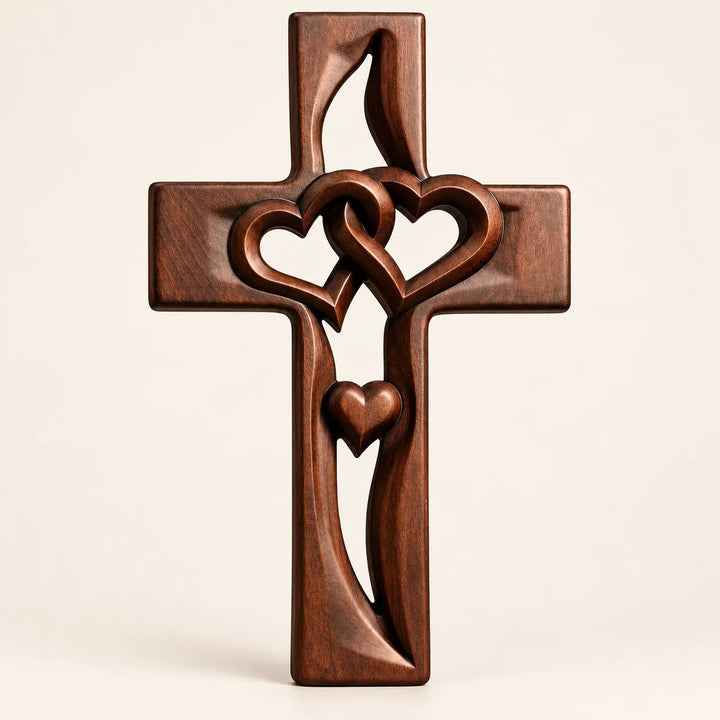 Hand-Carved Wooden Cross with Intertwined Hearts, Solid Wood Wall Decor
