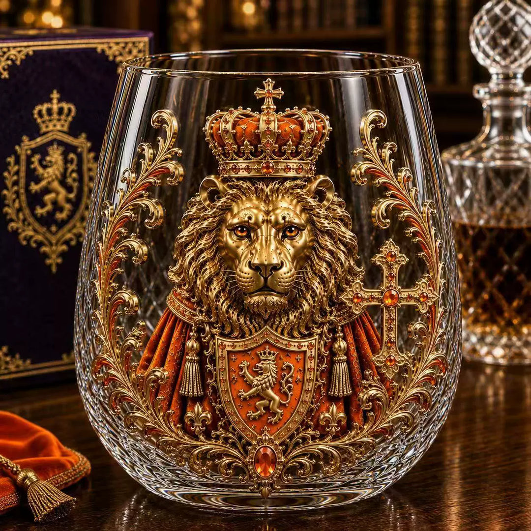 3D Crowned Lion Crystal Whiskey Glass - Sculpted Lion Mug Gift for Him