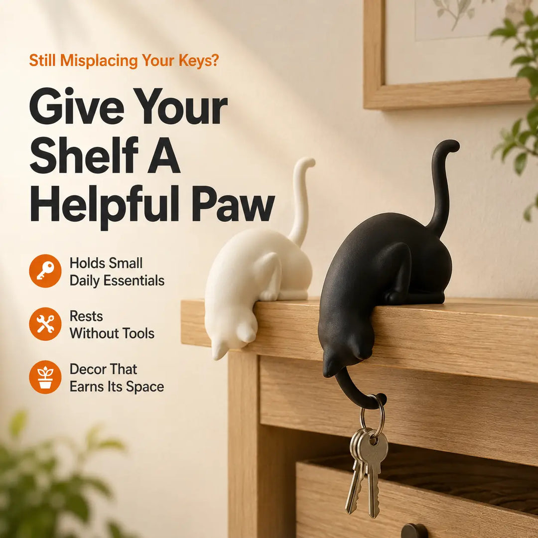3D Printed Cat Shelf Sitter with Paw Hook for Keys &amp; Tiny Decor