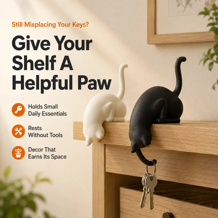 3D Printed Cat Shelf Sitter with Paw Hook for Keys &amp; Tiny Decor