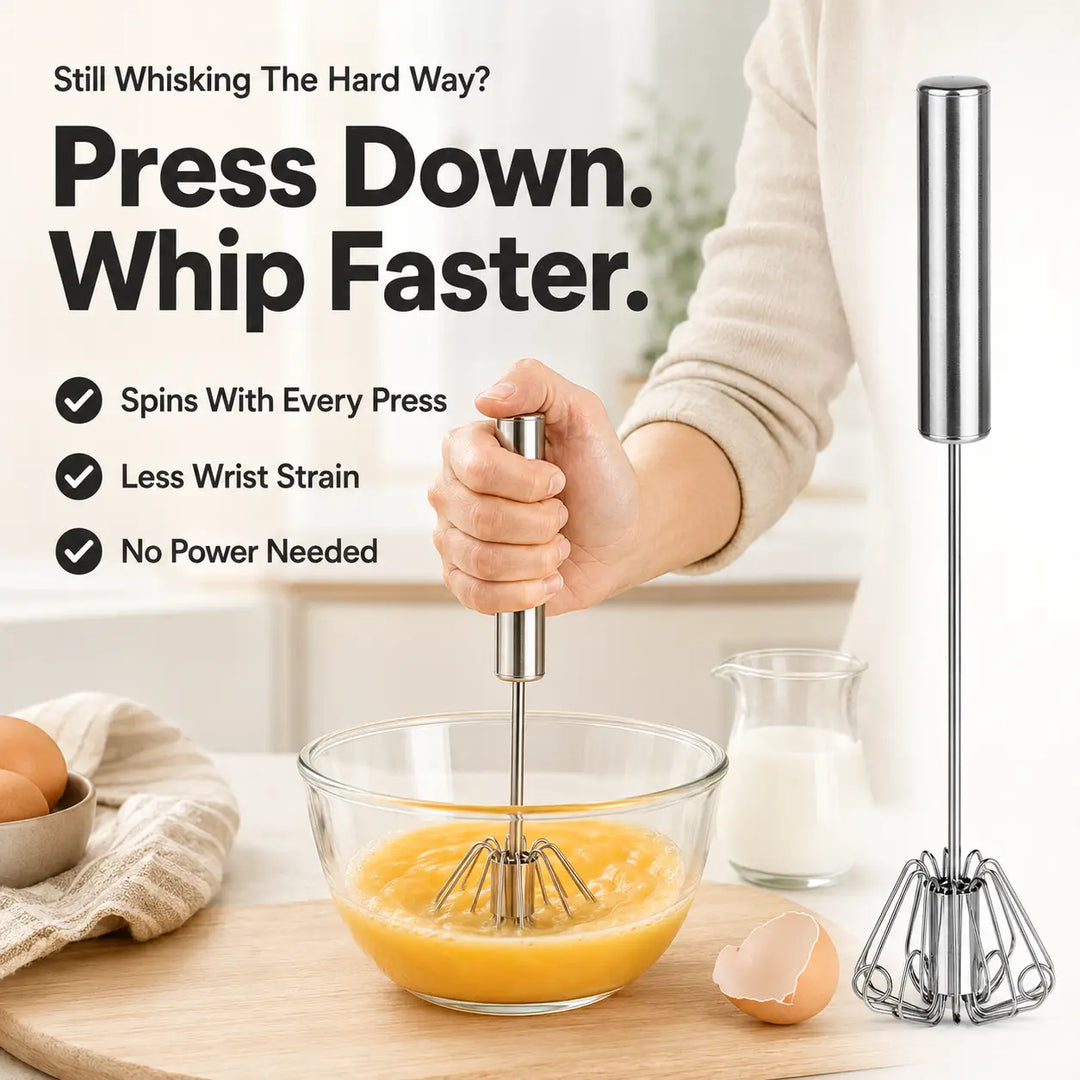 Stainless Steel Press-Spin Whisk — Whip Eggs Without the Effort