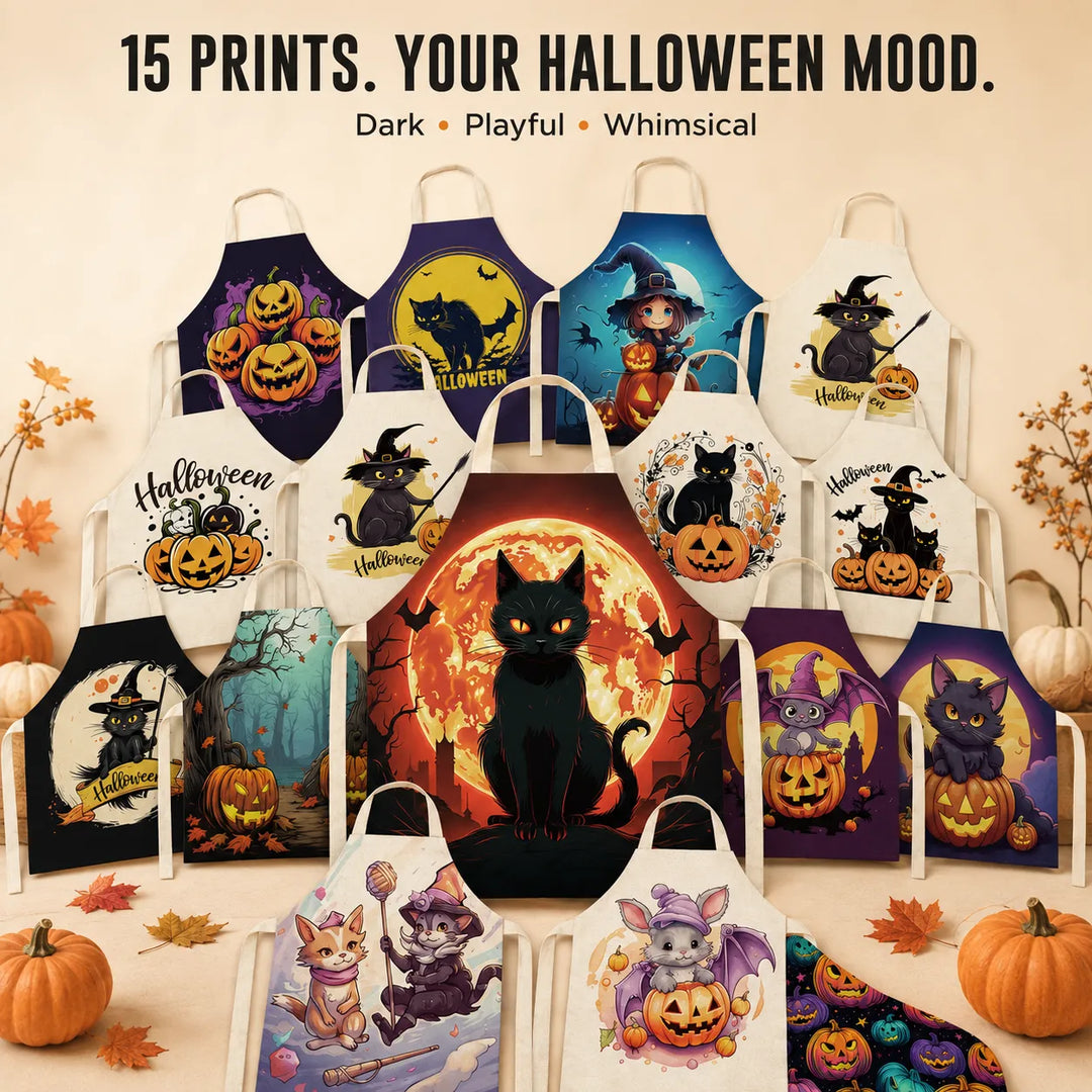 Halloween Kitchen Apron – Cats, Pumpkins &amp; Witches