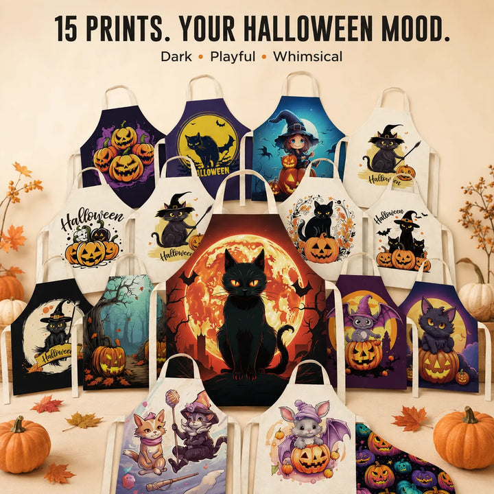 Halloween Kitchen Apron – Cats, Pumpkins &amp; Witches