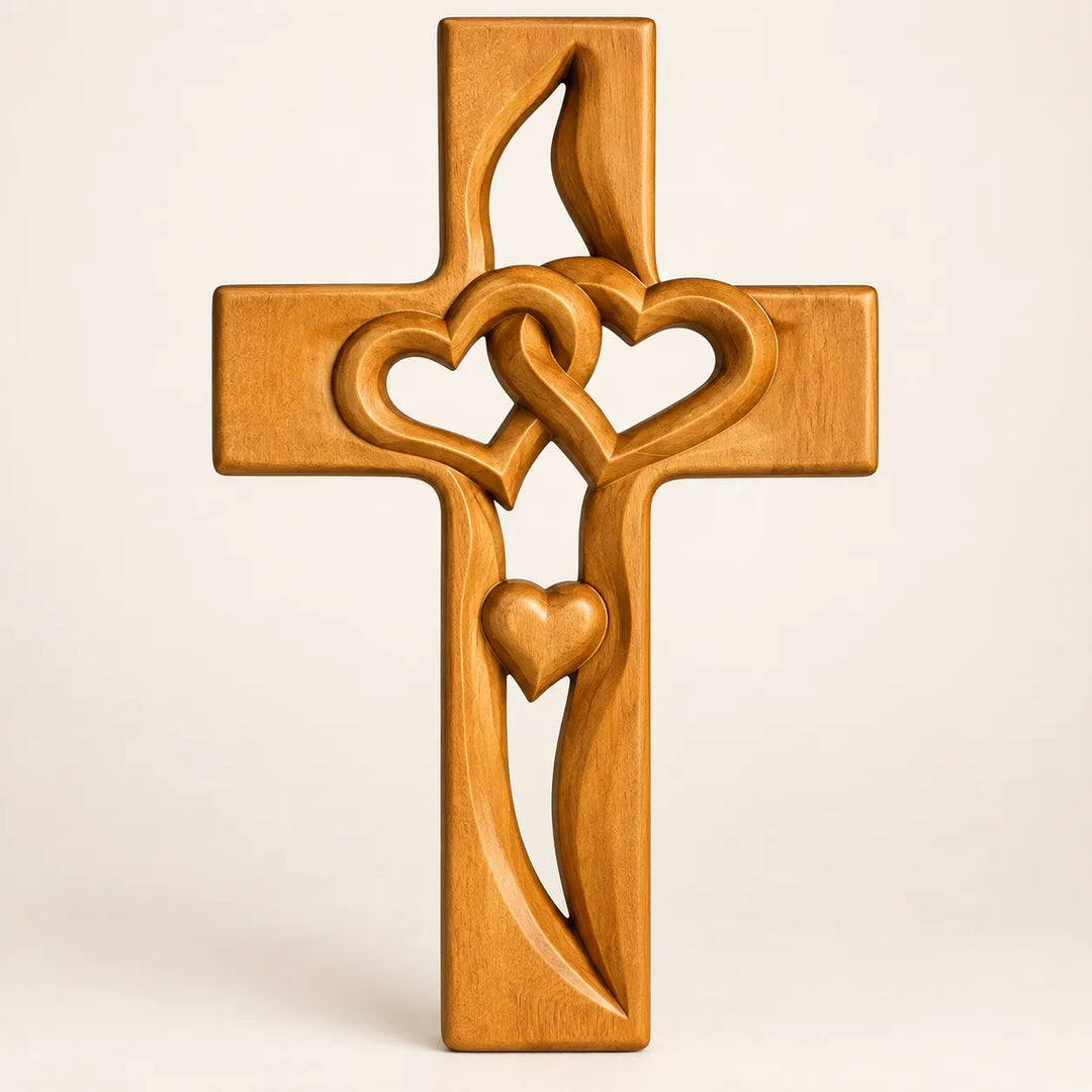 Hand-Carved Wooden Cross with Intertwined Hearts, Solid Wood Wall Decor