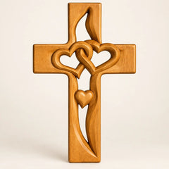 Hand-Carved Wooden Cross with Intertwined Hearts, Solid Wood Wall Decor
