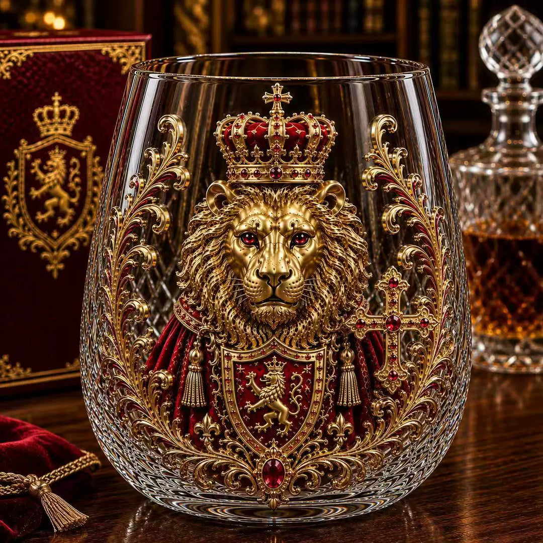 3D Crowned Lion Crystal Whiskey Glass - Sculpted Lion Mug Gift for Him