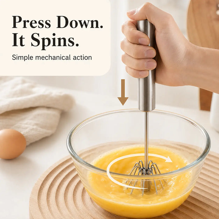 Stainless Steel Press-Spin Whisk — Whip Eggs Without the Effort