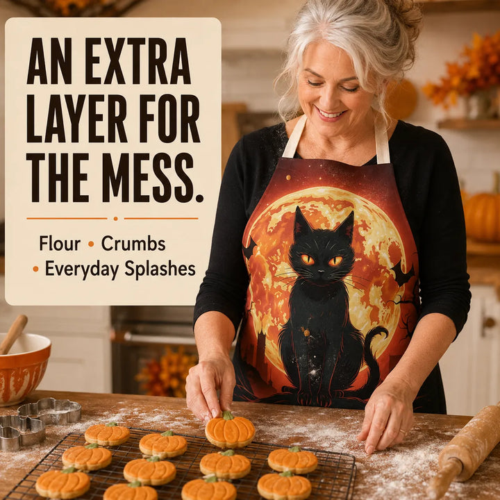 Halloween Kitchen Apron – Cats, Pumpkins &amp; Witches