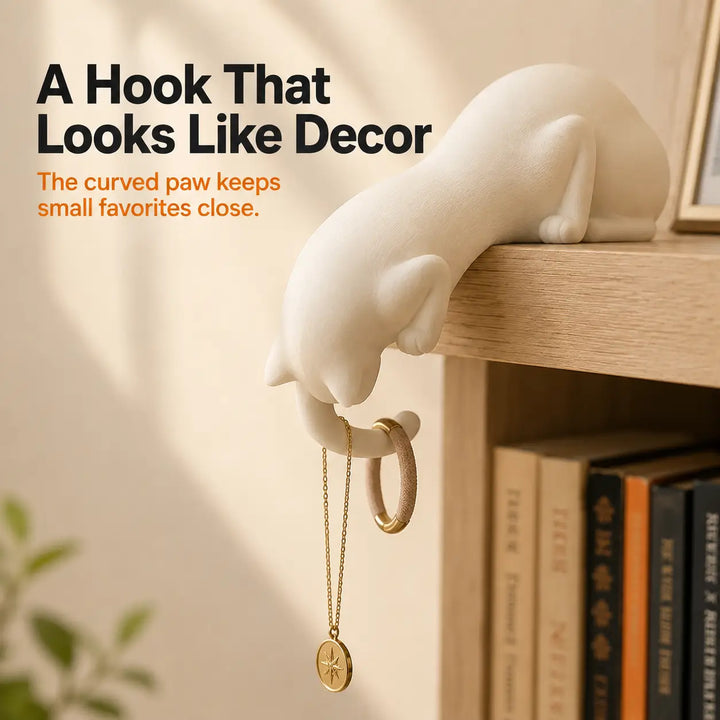 3D Printed Cat Shelf Sitter with Paw Hook for Keys &amp; Tiny Decor
