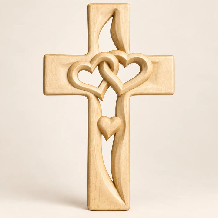 Hand-Carved Wooden Cross with Intertwined Hearts, Solid Wood Wall Decor
