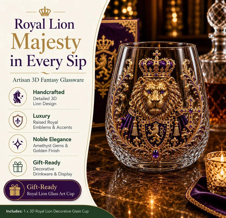 3D Crowned Lion Crystal Whiskey Glass - Sculpted Lion Mug Gift for Him