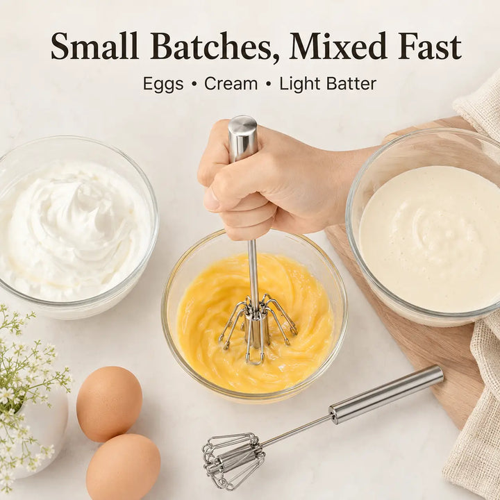 Stainless Steel Press-Spin Whisk — Whip Eggs Without the Effort