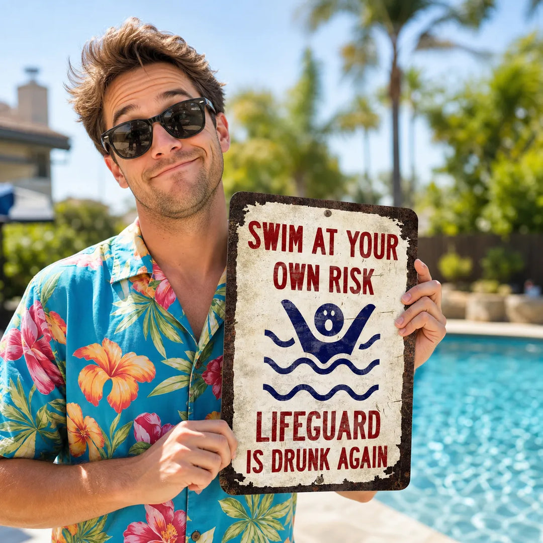 Funny Pool Wall Sign for Backyard Decor | Lifeguard Is Drunk Again