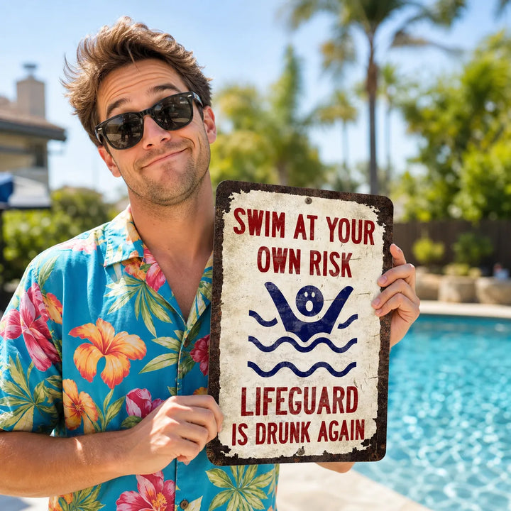 Funny Pool Wall Sign for Backyard Decor | Lifeguard Is Drunk Again