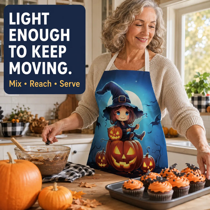 Halloween Kitchen Apron – Cats, Pumpkins &amp; Witches