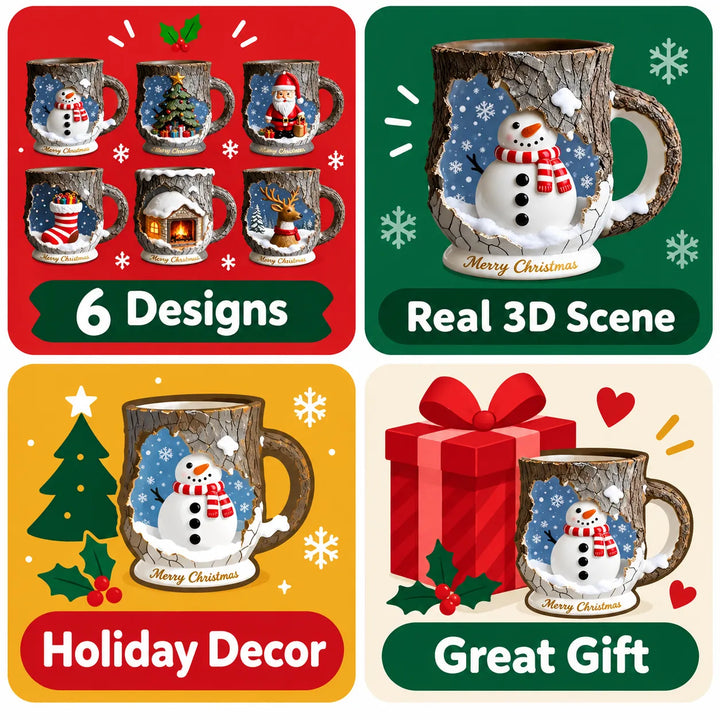 Christmas Scene Mug - 3D Snowman Santa Reindeer Mug