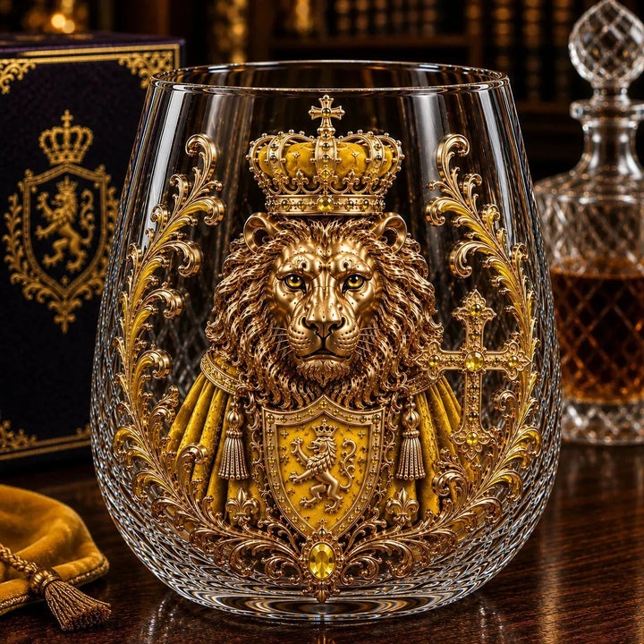 3D Crowned Lion Crystal Whiskey Glass - Sculpted Lion Mug Gift for Him