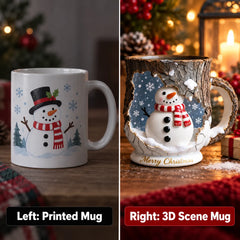 Christmas Scene Mug - 3D Snowman Santa Reindeer Mug