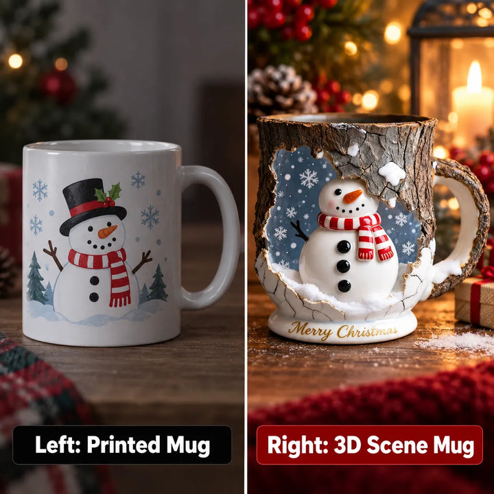 Christmas Scene Mug - 3D Snowman Santa Reindeer Mug