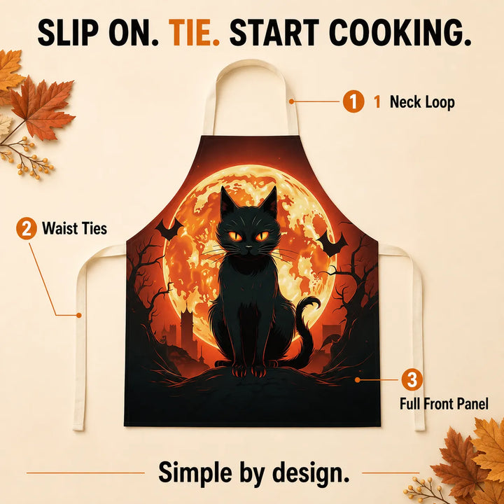 Halloween Kitchen Apron – Cats, Pumpkins &amp; Witches