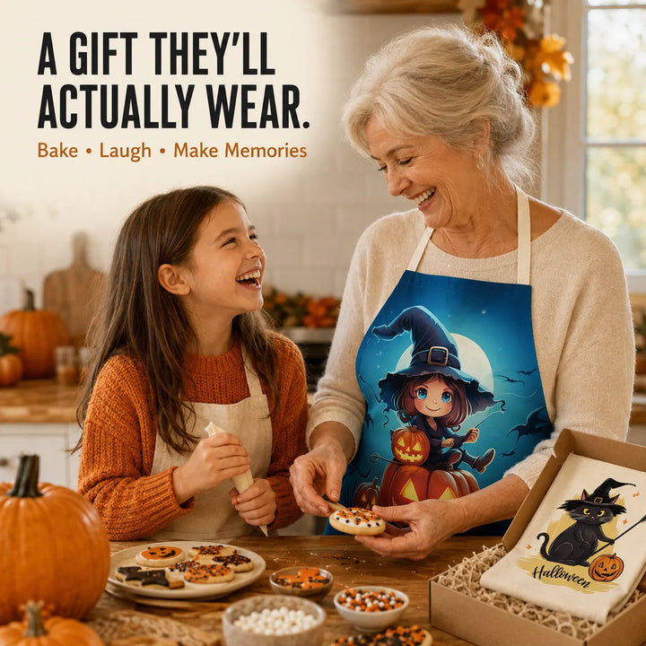 Halloween Kitchen Apron – Cats, Pumpkins &amp; Witches