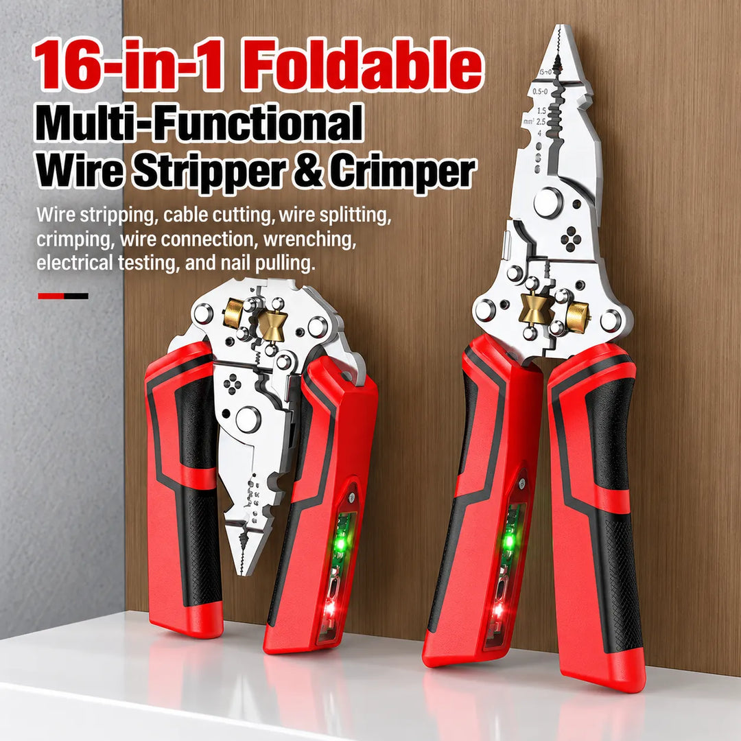 16-in-1 Folding Wire Stripper with Voltage Tester, USB-C Rechargeable