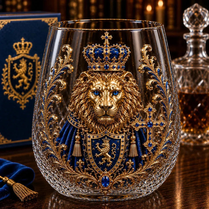 3D Crowned Lion Crystal Whiskey Glass - Sculpted Lion Mug Gift for Him