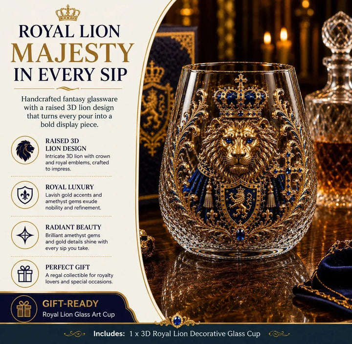 3D Crowned Lion Crystal Whiskey Glass - Sculpted Lion Mug Gift for Him
