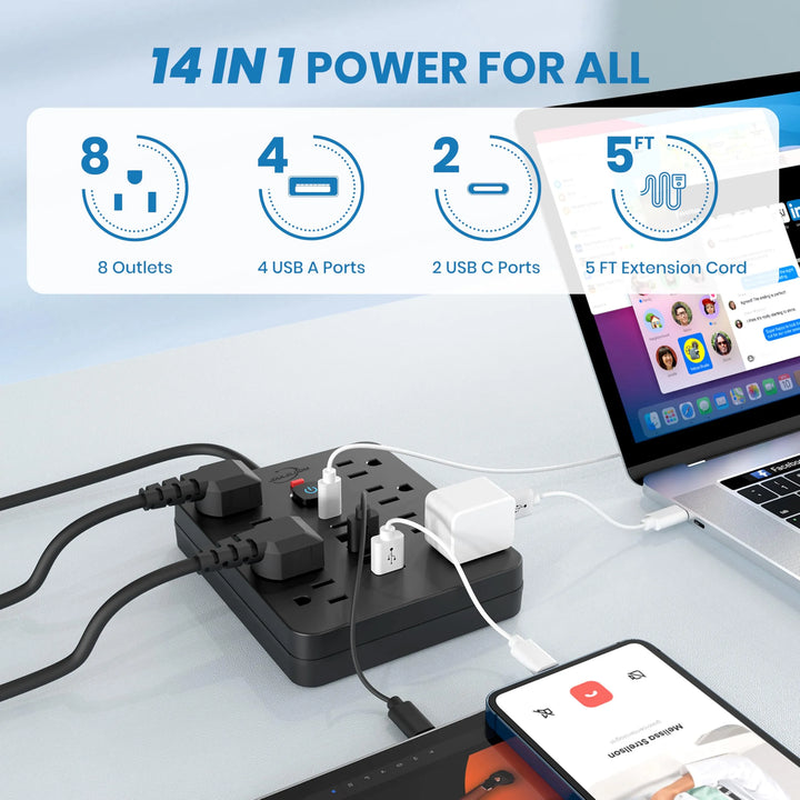 Velloraco 16-Outlet Cube Power Strip, USB-C, US Plug, No Block