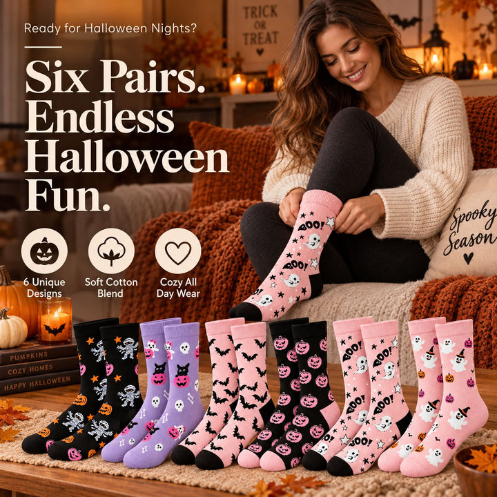 👻6-Pack Halloween Crew Socks — Cute Pumpkin Ghost Skeleton Novelty Socks🎃