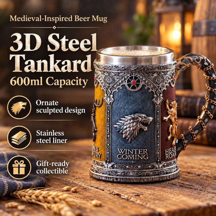 Game of Thrones Inspired Beer Mug – 3D Lion Handle Steel Tankard