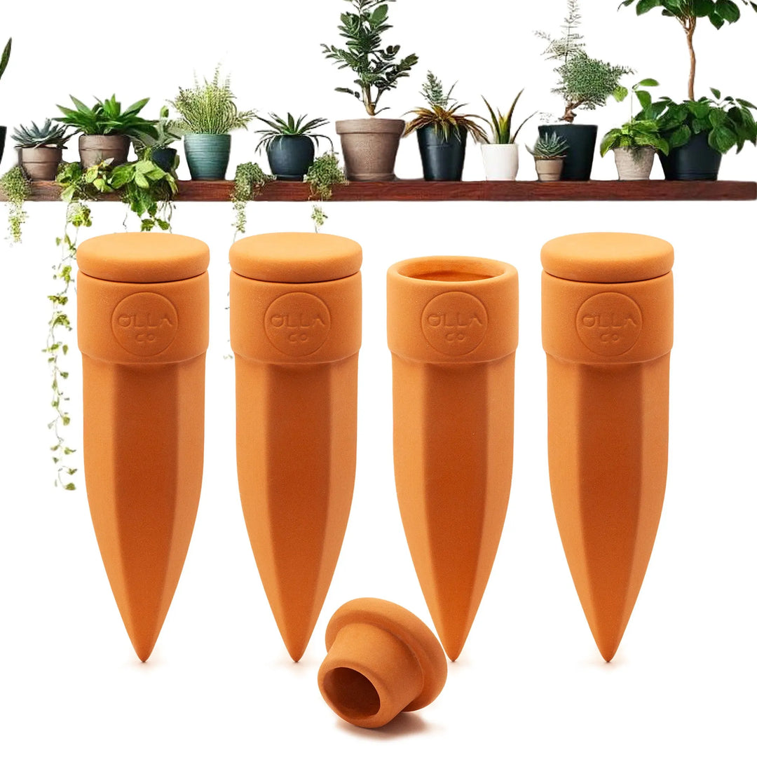 Terracotta Watering Spikes with Lids (4 or 6-Pack)