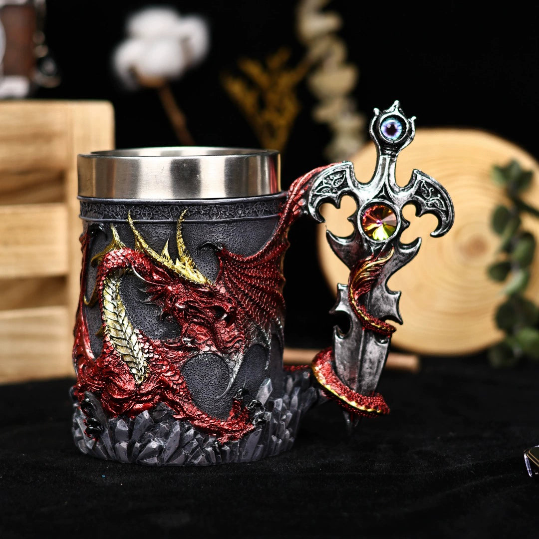 Medieval Dragon Sword Beer Mug – 3D Stainless Gothic Tankard 600ml