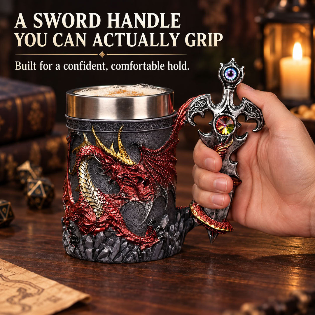 Medieval Dragon Sword Beer Mug – 3D Stainless Gothic Tankard 600ml