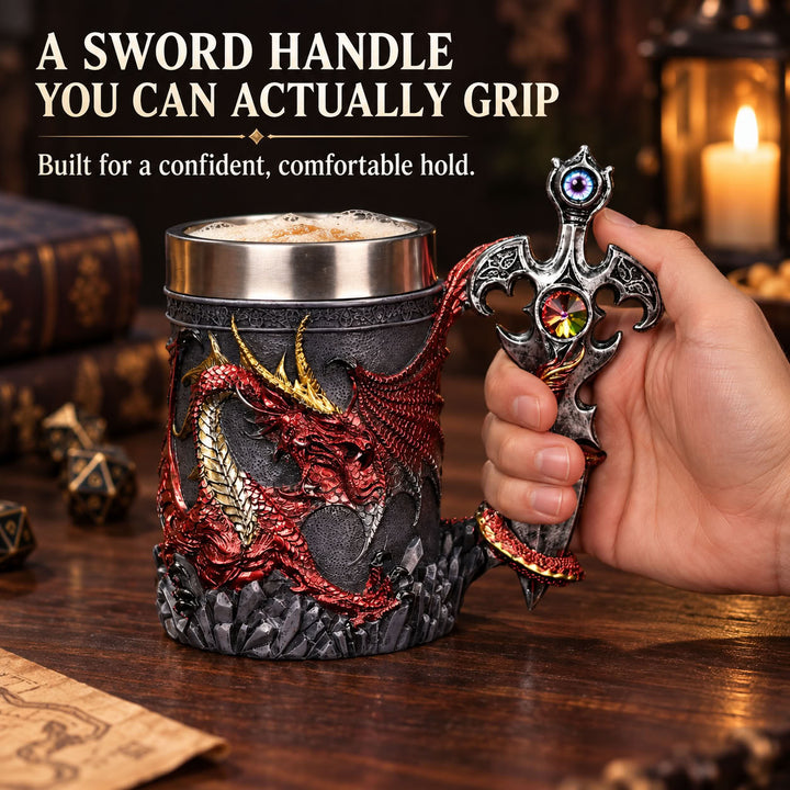 Medieval Dragon Sword Beer Mug – 3D Stainless Gothic Tankard 600ml