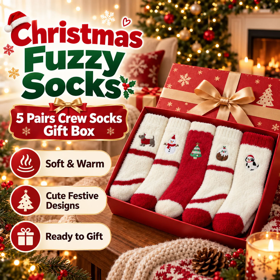 🎄🧦5 Pairs-Christmas Fuzzy Socks - Cute Crew Stocking Stuffer Gift Box Se