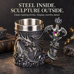 Medieval Dragon Sword Beer Mug – 3D Stainless Gothic Tankard 600ml