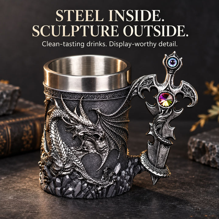 Medieval Dragon Sword Beer Mug – 3D Stainless Gothic Tankard 600ml