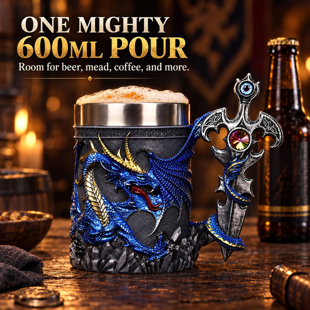 Medieval Dragon Sword Beer Mug – 3D Stainless Gothic Tankard 600ml