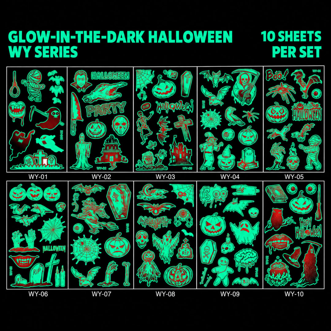 Glow-in-the-Dark Halloween Temporary Tattoos for Kids — Waterproof, Long-Lasting Party Stickers