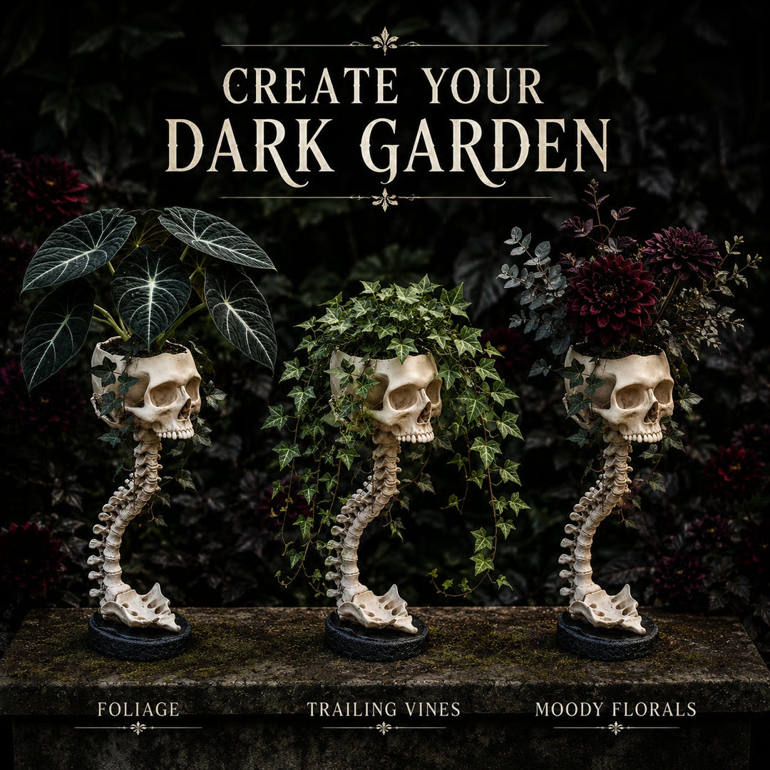 Skull Planter with Stand – Halloween Decor for Shelves