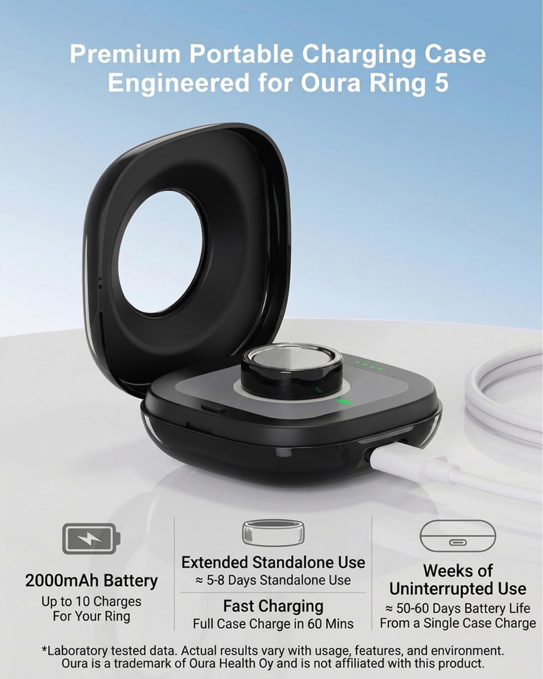 Portable Charging Case for Oura Ring 3/4/5 – 2000mAh, 10+ Charges