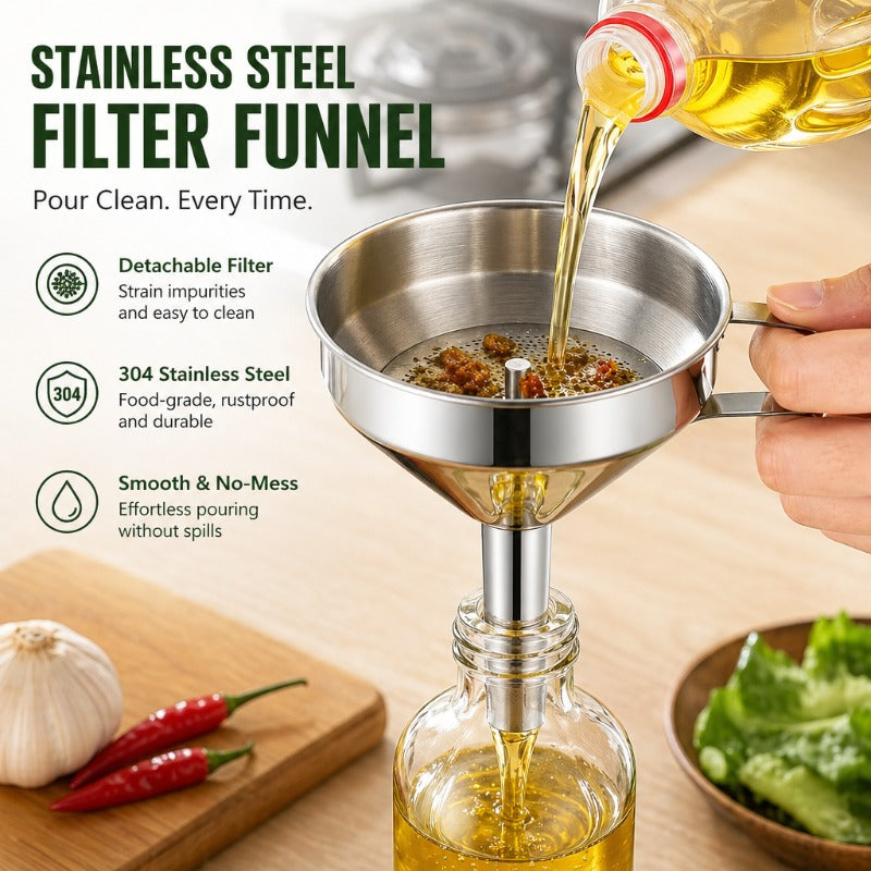 304 Stainless Steel Funnel with Removable Fine-Mesh Strainer