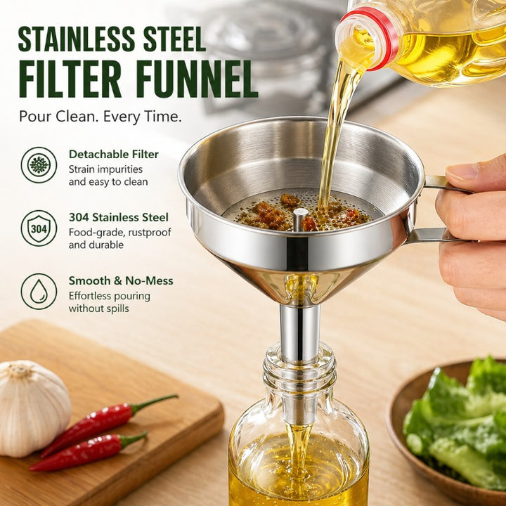 304 Stainless Steel Funnel with Removable Fine-Mesh Strainer