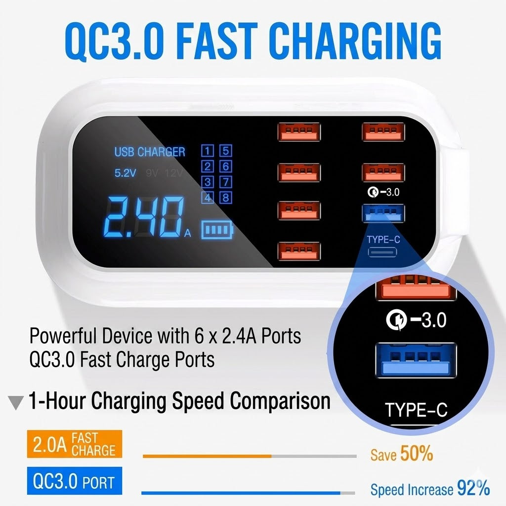 8-Port USB Charging Station | 55W-140W Fast Charger Hub