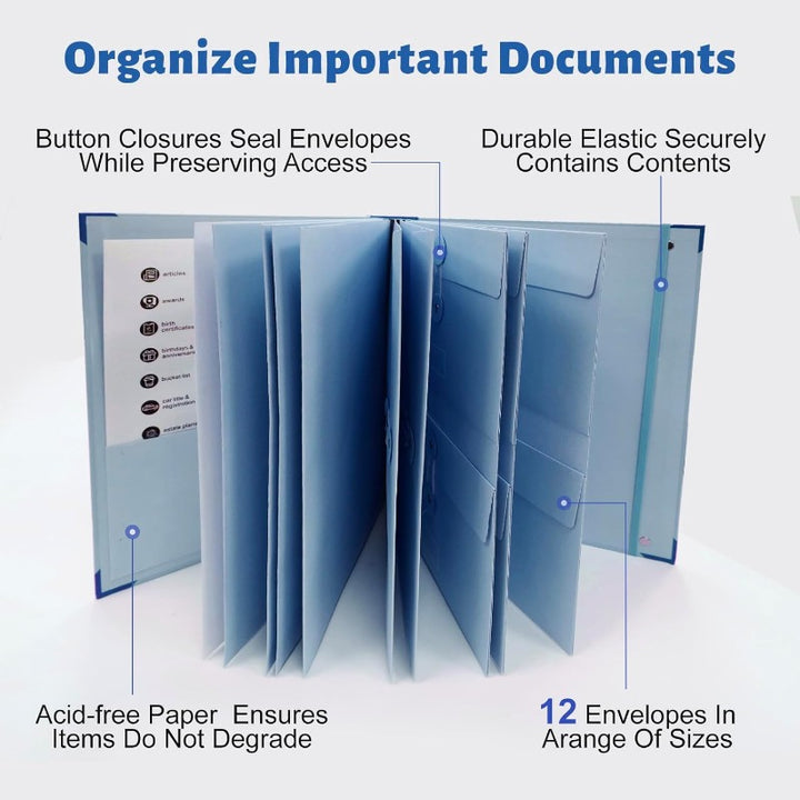 12-Pocket Accordion Document Organizer – Acid-Free, String-Tie Closures, Labels
