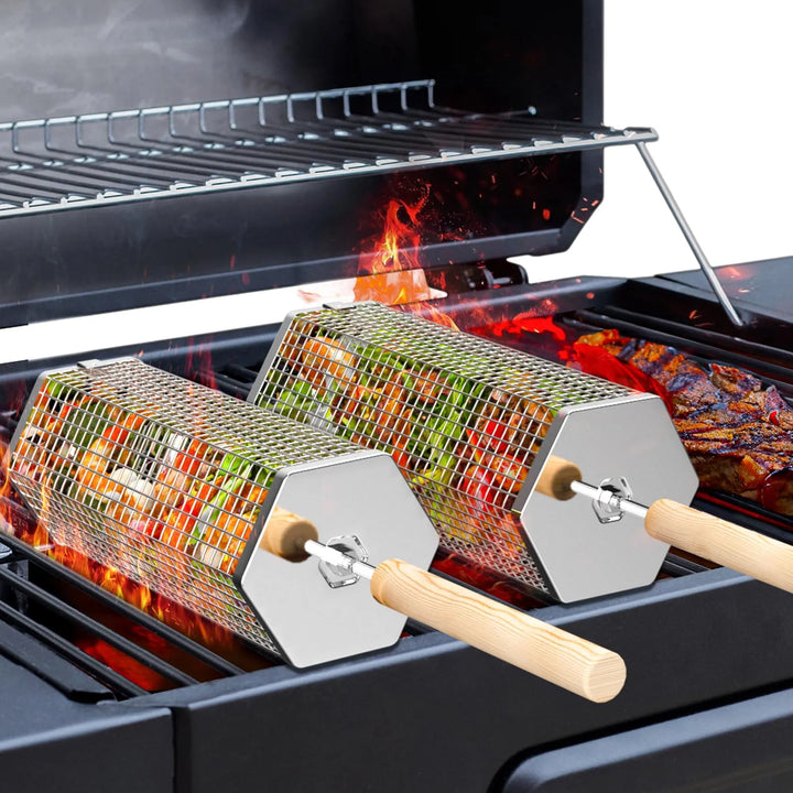 Heavy Duty Rolling Grill Basket Set | No More Food Falling Through